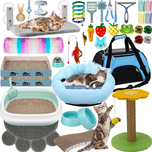 40 Pcs Kitten Starter Kit for Indoor Cats Include Cat Litter Box Toys, Hammock, Bed Scratch Pad, Climbing Post, Feed Bowls, Mat, Collars, Nail File and More for Kitten Supplies Welcome Gift(Blue)