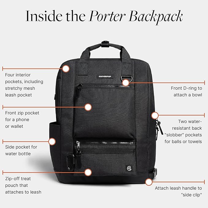 Porter 2-in-1 Dog Gear Backpack – Premium Dog Travel Bag with 10 Pockets, Zip-Off Treat Pouch, Leash Clip, Waterproof Pockets & Water Bottle Holder – Weekend, Hiking, Camping, Graphite