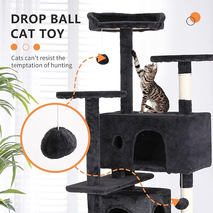 BestPet | 54" Cat Tree Tower | Dark Gray | Sturdy, Easy to Assemble, Multi-Level Activity Center with Sisal Scratching Posts, Condos, Perches, Hanging Cat Toys, Observation Decks & Ladder