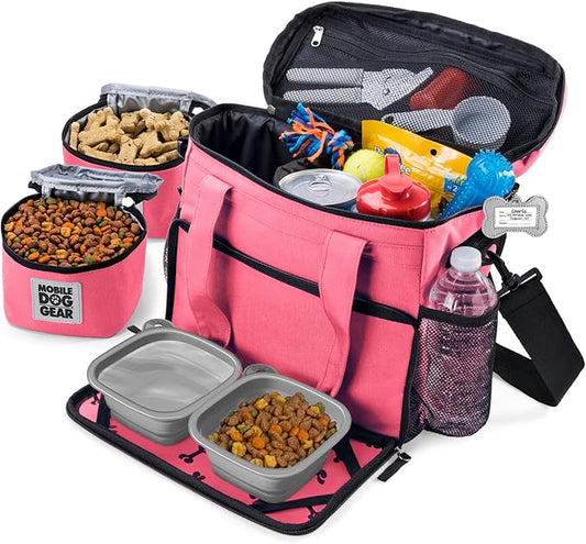 Mobile Dog Gear, Week Away Dog Travel Bag for Small Dogs, Includes Lined Food Carriers and 2 Collapsible Dog Bowl, Pink