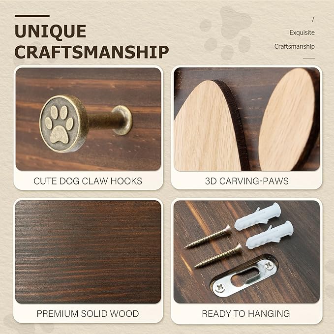 MTERSN Farmhouse Key Holder for Wall - Decorative Dog Leash Hanger Wall Mounted and Coat Rack with 6 Unique 3D Dogs Claw Hooks - Dog Accessories Organizer for Rustic Home Decor（Brown）