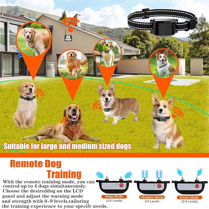 Wireless Dog Fence, Electric Pet Containment System for Stubborn Dogs with Remote, Adjustable Control Range, Waterproof Training Collar Receiver, Vibration & Shock, Suitable for All Dogs,for4dogs