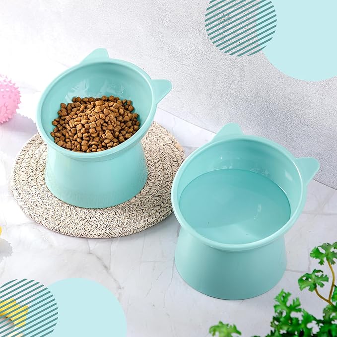 Zhehao 2 Pieces Plastic Raised Bowl Tilted 15 Degrees Elevated Cat Food and Water Bowls Set Anti Vomit Dog Kitten Food Dishes Pet for Cats and Small Dogs(Cat Ears,Light Green)