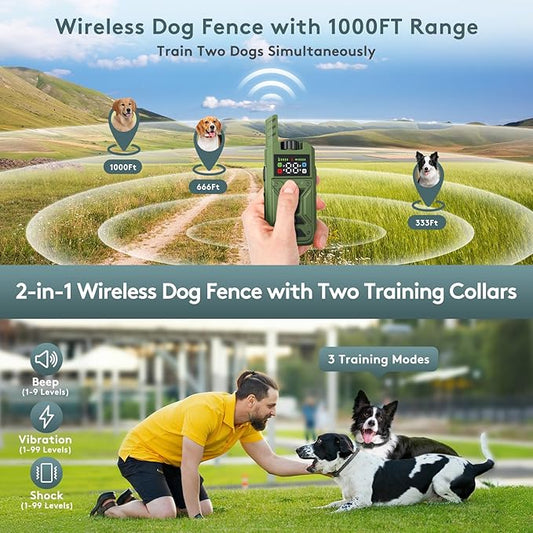 Wireless Dog Fence & Training Collar – Waterproof Electric Fence System with Remote, Pet Containment, Adjustable Range 33–1000ft, Safe Shock/Vibration/Beep Modes (Green)