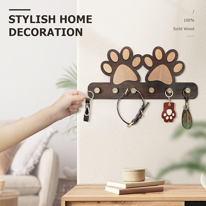 MTERSN Farmhouse Key Holder for Wall - Decorative Dog Leash Hanger Wall Mounted and Coat Rack with 6 Unique 3D Pet Claw Hooks - Dog Accessories Organizer for Rustic Home Decor (Dark Brown)