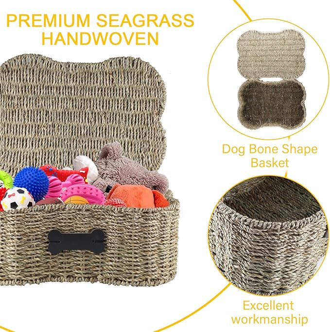 Seagrass Wicker Baskets for Dog Toys,Bone Shaped Dog Toy Bin with Lid,Personalized Dog Toy Organizer Boxes for Living Room,Farmhouse Handmade Pet Dog Storage,Dog Stuff Organizer