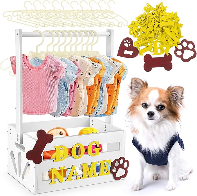 20 x 13 x 9 Wooden Dog Closet Pet Wardrobe Crate Box with Hanging Rods and Personalized Alphabet Letters Easy Assembly Baskets for Dog Cat Toys Clothes Accessories(White)