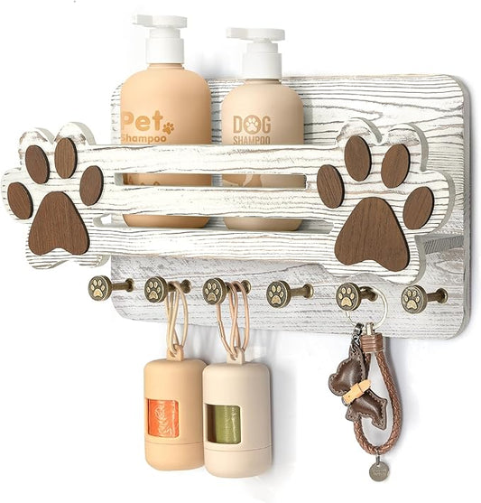 MTERSN Farmhouse Dog Leash Holder for Wall - Cute Dog Accessories Storage Organizer with Floating Shelf and 6 Key Hooks – Key Holder Wall Mount for Rustic Home Decor (White)