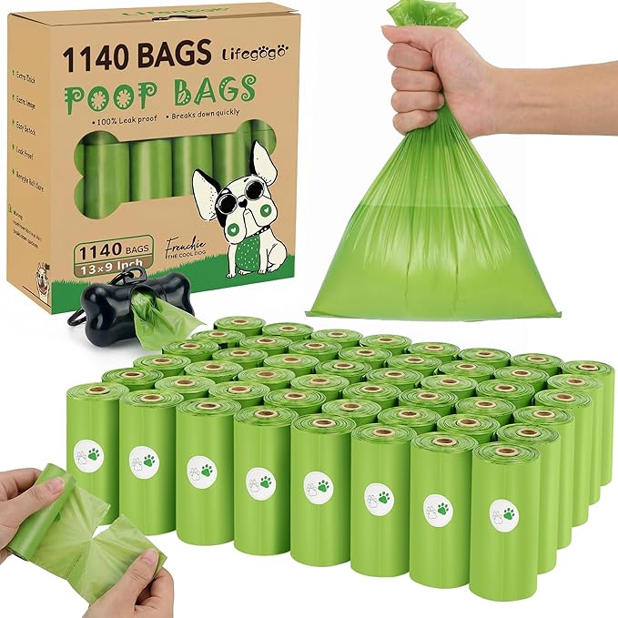 Dog Poop Bags 1140 Count (57 Rolls), Unscented Leak-Proof Waste Bag, 13x9" Green Doggy Poop Bags with Bone-Shaped Dispenser, Extra Thick & Easy Detach