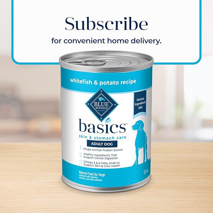 Blue Buffalo Basics Grain-Free Adult Wet Dog Food, Skin & Stomach Care, Limited Ingredient Diet, Whitefish Recipe, 12.5-oz. Can, 12 Count