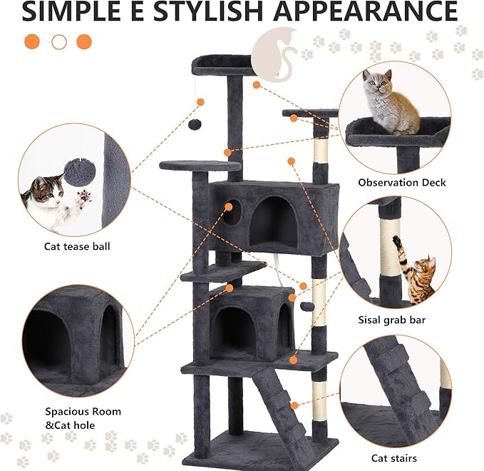 BestPet | 62" Cat Tree Tower | Dark Gray | Sturdy, Easy to Assemble, Multi-Level Activity Center with Sisal Scratching Posts, Condos, Perches, Hanging Cat Toys, Observation Decks & Ladder