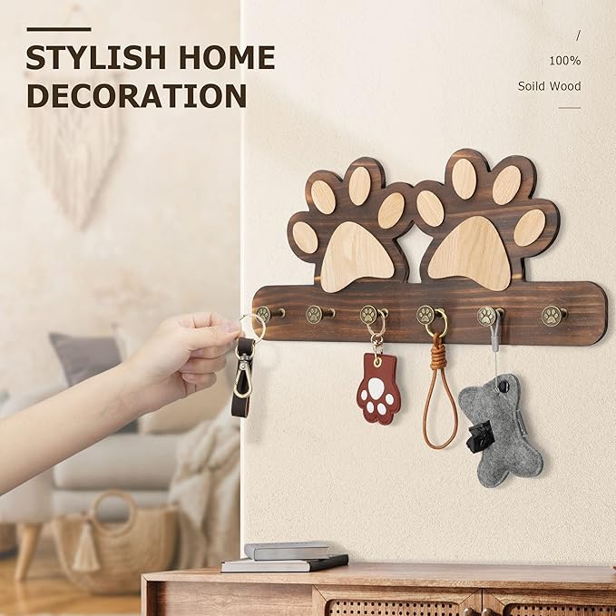 MTERSN Farmhouse Key Holder for Wall - Decorative Dog Leash Hanger Wall Mounted and Coat Rack with 6 Unique 3D Dogs Claw Hooks - Dog Accessories Organizer for Rustic Home Decor（Brown）