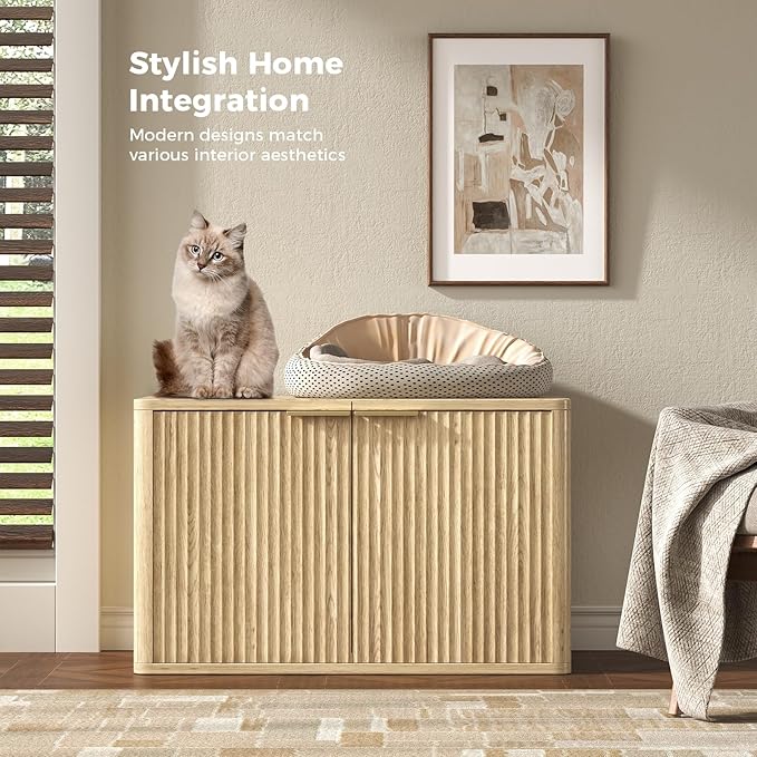 31.5" Oak Cat Litter Box Enclosure Furniture, Large Decorative Hidden Litter Box Cabinet, Fluted Modern Bohemia Kitty End Table for Living Rooms, Entryways, or Bedrooms