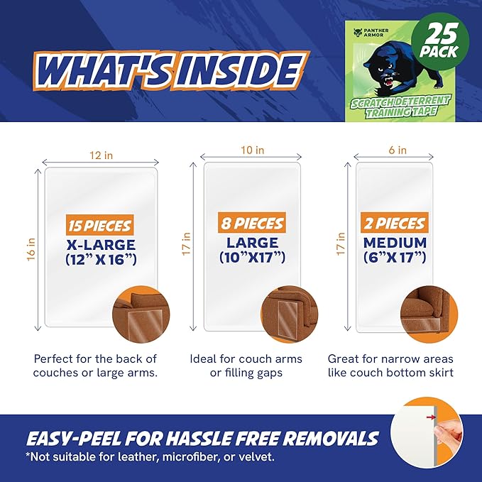 25 Pack Cat Scratch Furniture Protector Tape Sheets, Double-Sided Sticky Training (15 XL, 8 Large, 2 Medium), Anti-Scratch Couch & Sofa Guard, Clear, Not for Leather, Velvet, Microfiber