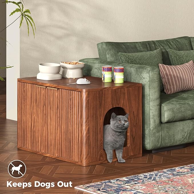 31.5" Walnut Cat Litter Box Enclosure Furniture, Large Decorative Hidden Litter Box Cabinet, Fluted Mid Century Modern Kitty End Table for Living Rooms, Bedrooms, Entryways