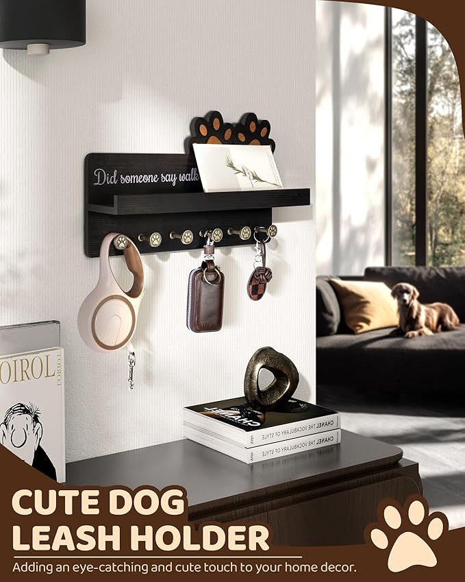 MTERSN Decorative Dog Leash Holder for Wall - Dog Accessories Organizer with Floating Shelf & 6 Hooks for Home Decor - The Cute Key Holder Wall Mount for Dogs Lover Gifts (Black)