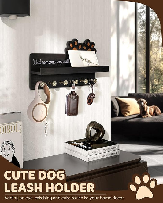 MTERSN Decorative Dog Leash Holder for Wall - Dog Accessories Organizer with Floating Shelf & 6 Hooks for Home Decor - The Cute Key Holder Wall Mount for Dogs Lover Gifts (Black)