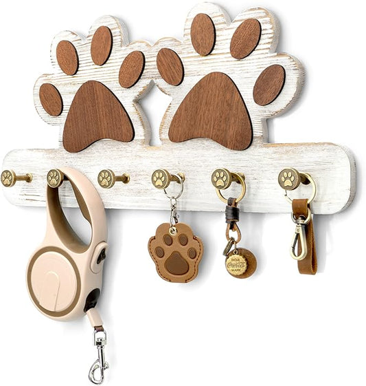 MTERSN Farmhouse Key Holder for Wall - Decorative Dog Leash Hanger and Coat Rack Wall Mount with 6 Unique 3D Claw Hooks - Dog Toys Organizer for Rustic Home Decor (White)
