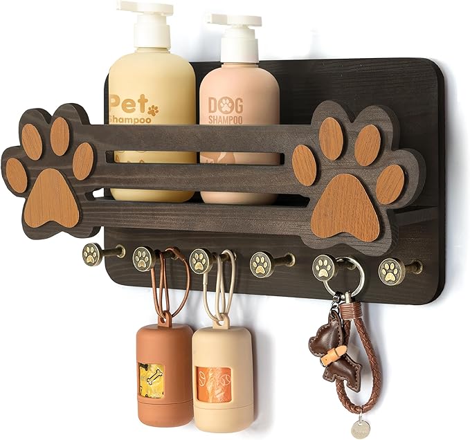 MTERSN Decorative Dog Leash Holder for Wall - Cute Dog Accessories Organizer with Floating Shelf & 6 Key Hooks – Key Holder Wall Mount for Cute Stuff and Farmhouse Decor (Dark Brown)