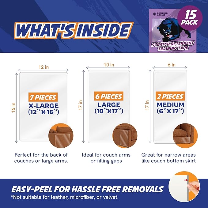 15 Pack Cat Scratch Furniture Protector Tape Sheets,Double-Sided Sticky Training (7 XL, 6 Large, 2 Medium), Anti-Scratch Couch & Sofa Guard, Clear, Not for Leather, Velvet, Microfiber