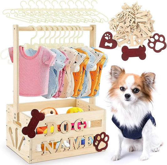 20 x 13 x 9 Wooden Dog Closet Pet Wardrobe Crate Box with Hanging Rods and Personalized Alphabet Letters Easy Assembly Baskets for Dog Cat Toys Clothes Accessories(Wood)