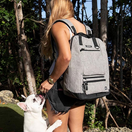 Porter 2-in-1 Dog Gear Backpack – Premium Dog Travel Bag with 10 Pockets, Zip-Off Treat Pouch, Leash Clip, Waterproof Pockets & Water Bottle Holder – Weekend, Hiking, Camping, Heather Grey