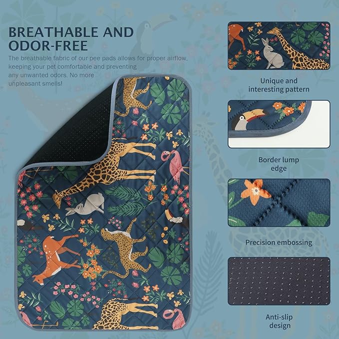 IEUUMLER Washable Pee Pads for Dogs, 2 Pack Forest Pattern Reusable Waterproof Puppy Pads, Non-Slip Super Absorbent Dog Training Pad for Playpen Crate Bed EU013 Navy Blue Jungle, 40x28