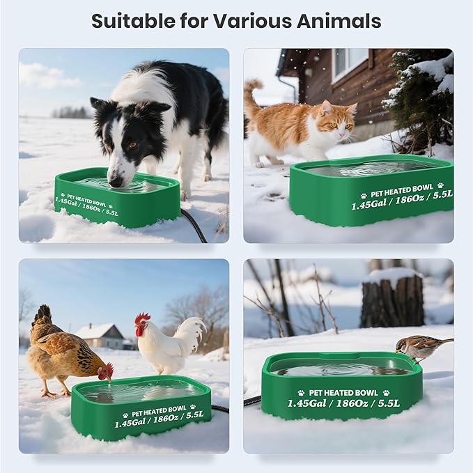 1.45 Gal/5.5L Heated Water Bowl, Extra Large Heated Dog Bowls for Outside, Safety Listed Heated Pet Bowl with Anti-Chew Cord for Dog & Cat Drinking Water in Winter, BPA-Free, Anti-Slip Base(Green)