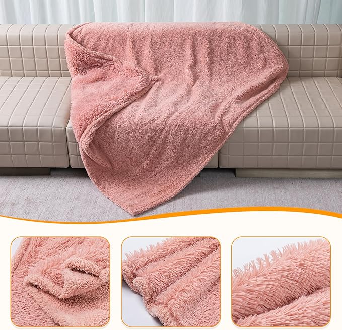 Waterproof Pet Blanket Pink Calming Dog Blankets Fluffy Long Faux Fur Pet Throw Blankets for Couch Protector Love Bed Cover Washable(Pink,L)