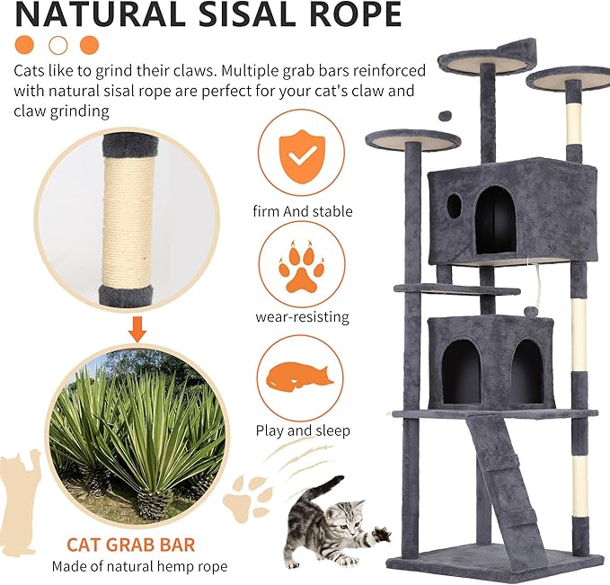 BestPet | 81" Cat Tree Tower | Dark Gray | Sturdy, Easy to Assemble, Multi-Level Activity Center with Sisal Scratching Posts, Condos, Perches, Hanging Cat Toys, Observation Decks & Ladder
