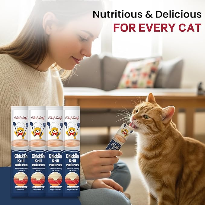 Purée Pops, Cat Treats, Grain-Free, Lickable, Squeezable Creamy Cat Treat/Topper with Vitamin E & Taurine, 0.5 Ounces Each Tube, 10 Tubes, Chicken with Krill Recipe