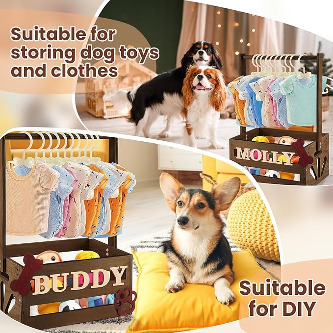 20 x 13 x 9 Wooden Dog Closet Pet Wardrobe Crate Box with Hanging Rods and Personalized Alphabet Letters Easy Assembly Baskets for Dog Cat Toys Clothes Accessories(Dark Walnut)