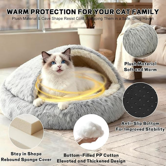 YUDANSI Calming Cat Beds for Indoor Cats - Plush Fluffy Hooded Cave Nest, Anti-Slip Self-Warming Pet Beds, Washable Built-in No-Collapsing Support (Grey-50cm/20in)