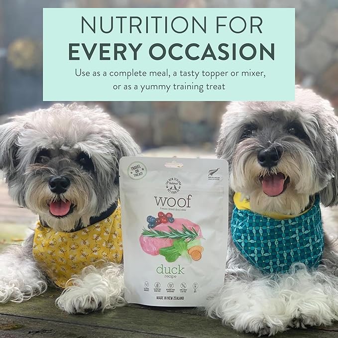 The New Zealand Natural Pet Food Co. Woof Freeze Dried Dog Food - Duck Recipe, High Protein, Complete Diet, Dog Treats, All Life Stages - 1.76 oz
