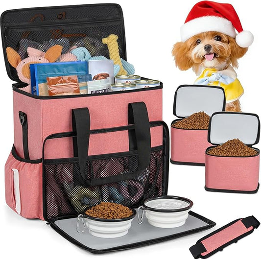 TORIBIO Dog Travel Bag,Large Pet Travel Bag for Supplies with 2 Food Container and Collapsible Bowls,Dog Travel Supplies Organizer Kit for Weekend,Road Trips,Camping