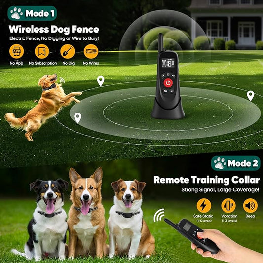 Wireless Dog Fence, Portable Electric Fence for Dogs with Remote Training Collar, Magnetic Charging Base, Outdoor Pet Containmen System for Yards, Adjustable for Medium Large Dogs (for 2 Dogs)