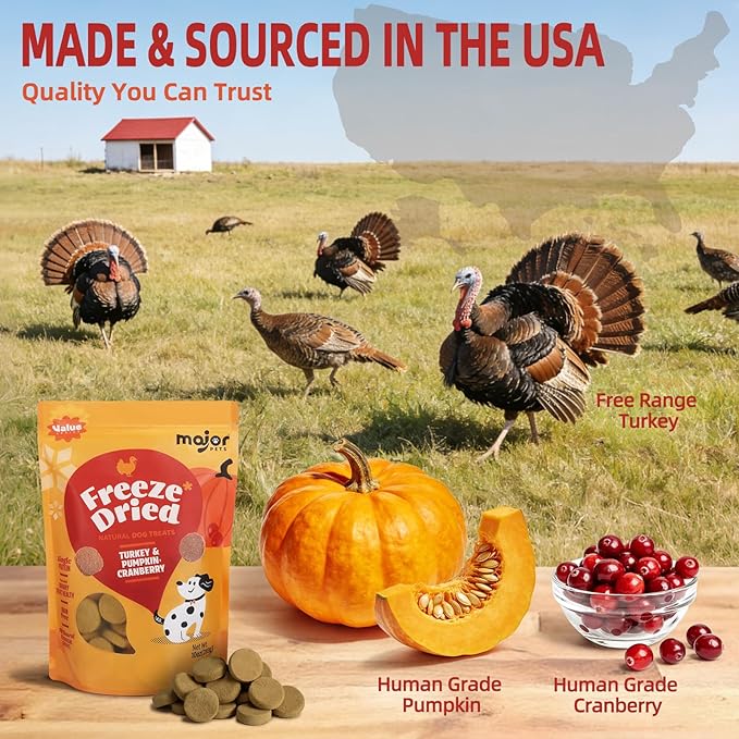 MAJOR PETS Freeze Dried Turkey & Pumpkin, Cranberry Dog Treats, Single High Protein, 100% Natural, Help with Digestion, Grain Free, Training Bites & Meal Topper for Dogs, Made in The USA, 10oz