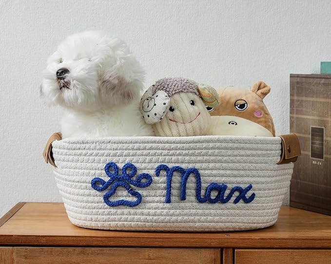 JUPPE Custom Pet Dog Toy Basket with Personalized Name, Cat or Dog Toys and Storage Organizer Customize Dog Toy Gift Cotton Rope Basket Gift (For pet)