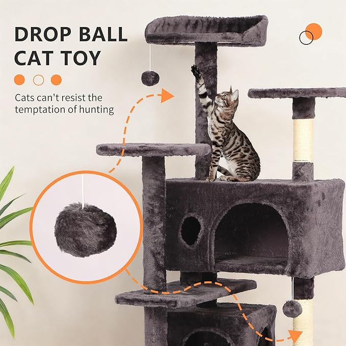 BestPet | 54" Cat Tree Tower | Purple Gray | Sturdy, Easy to Assemble, Multi-Level Activity Center with Sisal Scratching Posts, Condos, Perches, Hanging Cat Toys, Observation Decks & Ladder
