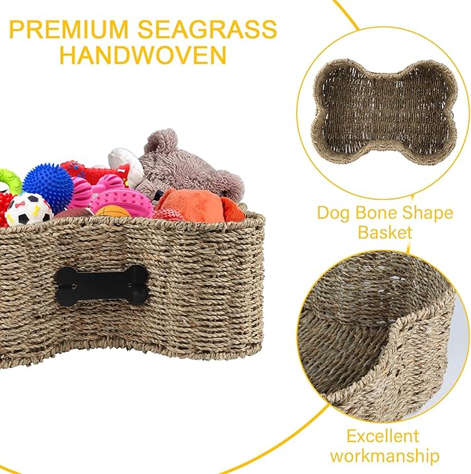 Personalized Dog Toy Bin - Bone Shape Dog Toys Storage & Organizer Boxes for Living Room - Handmade Seagrass Basket