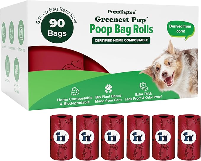Puppington Certified Home Compostable Poop Bags - ASTM D6400 Compliant - 90 Extra Thick Bags - Plant Based - Pairs with Puppington 3-in-1 Bag & Fits all Standard Poop Bag Dispensers (Ruby Red)