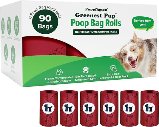 Puppington Certified Home Compostable Poop Bags - ASTM D6400 Compliant - 90 Extra Thick Bags - Plant Based - Pairs with Puppington 3-in-1 Bag & Fits all Standard Poop Bag Dispensers (Ruby Red)