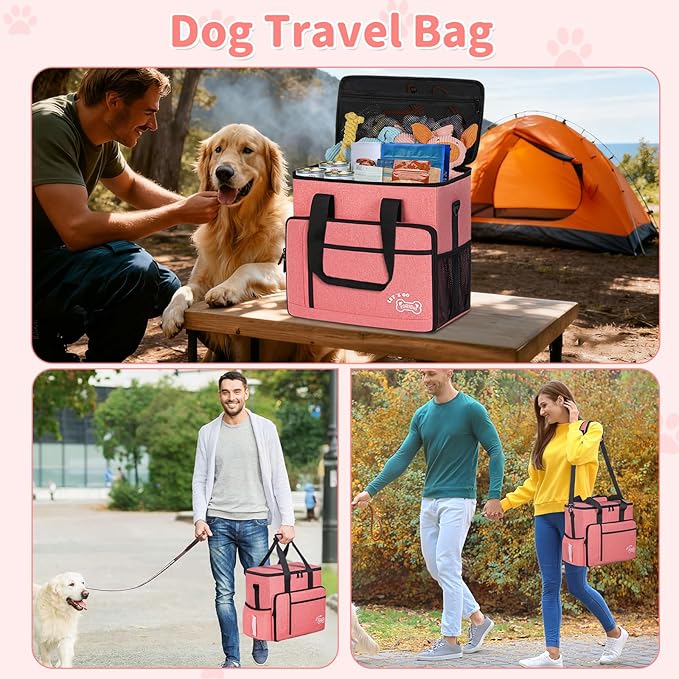 TORIBIO Dog Travel Bag,Large Pet Travel Bag for Supplies with 2 Food Container and Collapsible Bowls,Dog Travel Supplies Organizer Kit for Weekend,Road Trips,Camping