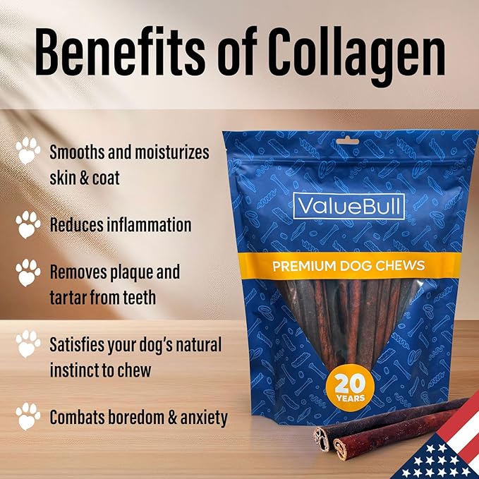 ValueBull USA Collagen Sticks for Dogs, 12 Inch Medium Chews, Natural Long-Lasting Dog Treats, 25 Count - Promotes Joint, Skin & Coat Health with Glucosamine and Chondroitin