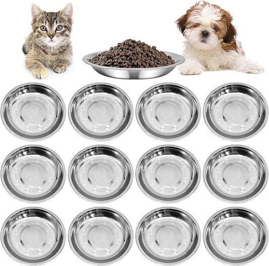 kathson Shallow Stainless Steel Cat Bowls 12 Pcs Whisker Fatigue Cat Dishes Flat Dog Feeding Saucers Pet Food and Water Plate Set for Kitten Puppy and Other Small Animals (7.00 Inch Dia)