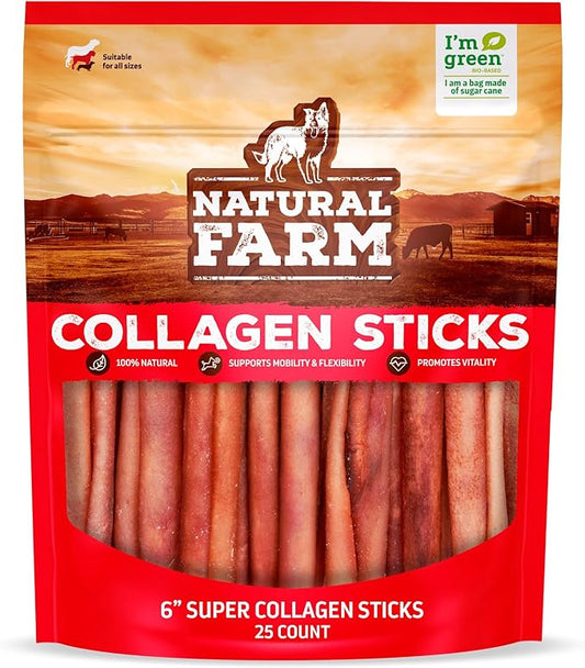 Natural Farm Odor-Free Super Collagen Dog Chews (6-Inch, 25-Pack) The First Ever Real Bull Sticks Alternative: 100% Natural Angus Hide Collagen Treats - More Protein, More Chew Time for All Dogs
