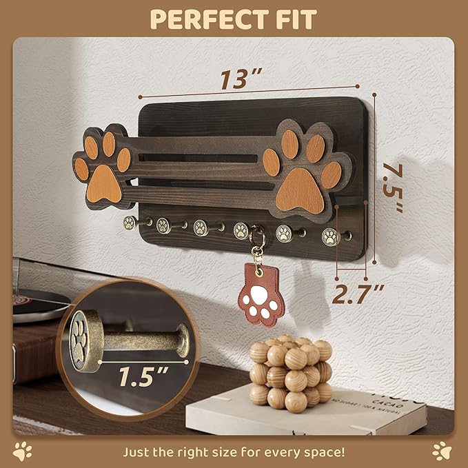 MTERSN Decorative Dog Leash Holder for Wall - Cute Dog Accessories Organizer with Floating Shelf & 6 Key Hooks – Key Holder Wall Mount for Cute Stuff and Farmhouse Decor (Dark Brown)