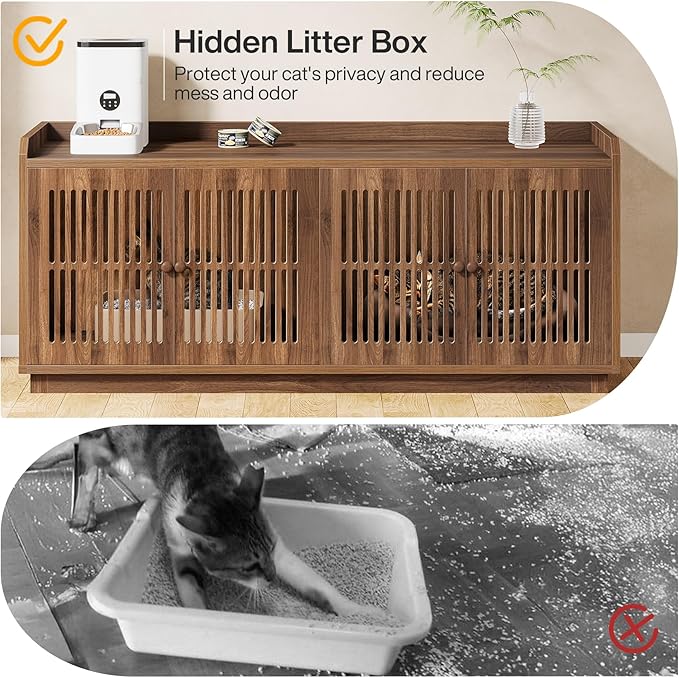 Tribesigns 2 Cats Litter Box Enclosure, 55.1-Inch Extra Large Hidden Litter Box Furniture with 2 Cabinets and Side Entry, Wooden XL Cat Washroom Furniture with Storage for Living Room, Rustic Brown