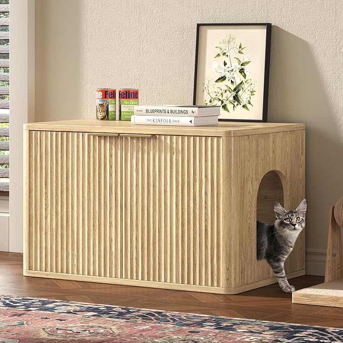 31.5" Oak Cat Litter Box Enclosure Furniture, Large Decorative Hidden Litter Box Cabinet, Fluted Modern Bohemia Kitty End Table for Living Rooms, Entryways, or Bedrooms