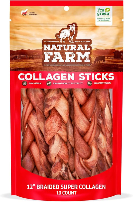 Natural Farm Odor-Free Super Braided Collagen Dog Chews (12-Inch, 10-Pack) First Ever Real Bull Sticks Alternative: 100% Natural Angus Hide Collagen Treats - More Protein More Chew Time for All Dogs